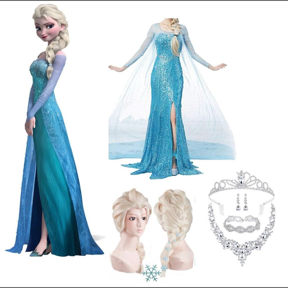 Frozen Elsa Princess Costume Complete w/Wig and Jewels